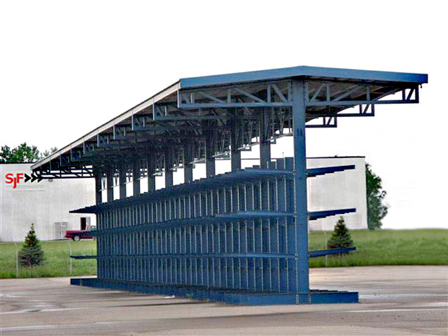 Cantilever Storage Rack System with a Supported Roof for storing weather sensitive items outdoors.