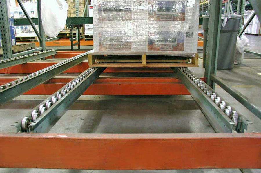 Dual Staggered Pallet Flow Rail with Steel Wheels